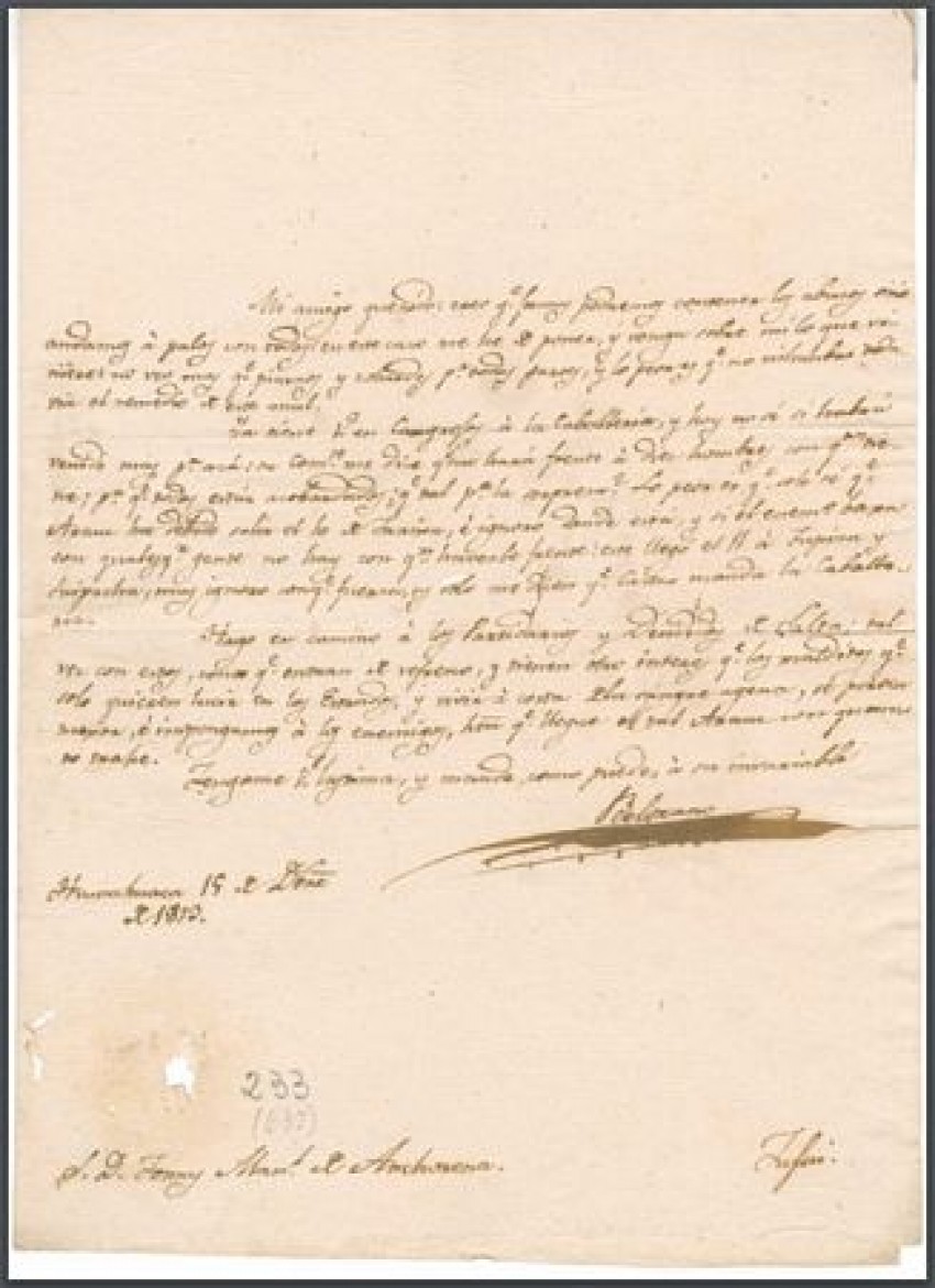 Carta de Manuel Belgrano a su secretario Tomás Manuel de Anchorena